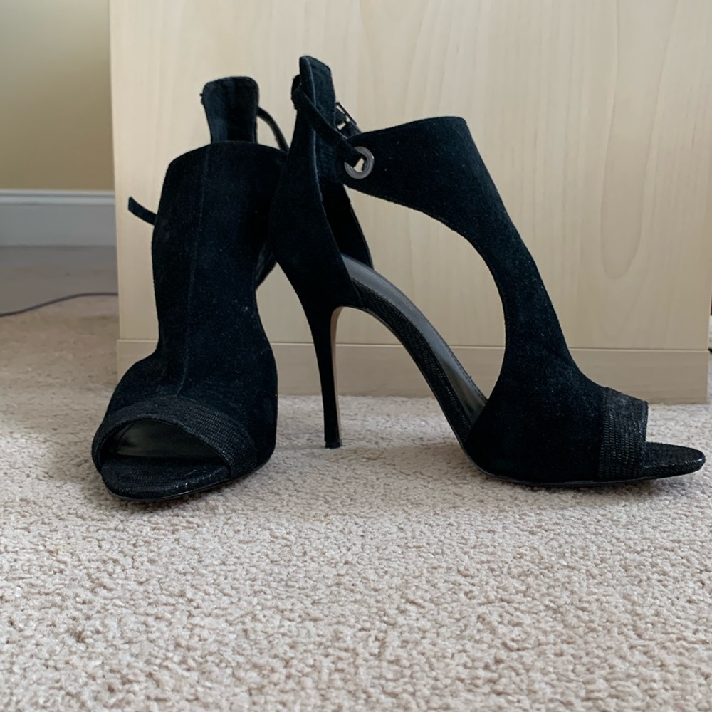 Saks of Fifth Avenue black open toe heels. Size 7.5. Black suede.